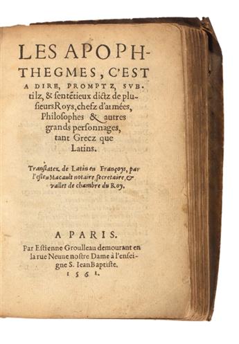 ERASMUS, DESIDERIUS. Les Apophthegmes.  1561